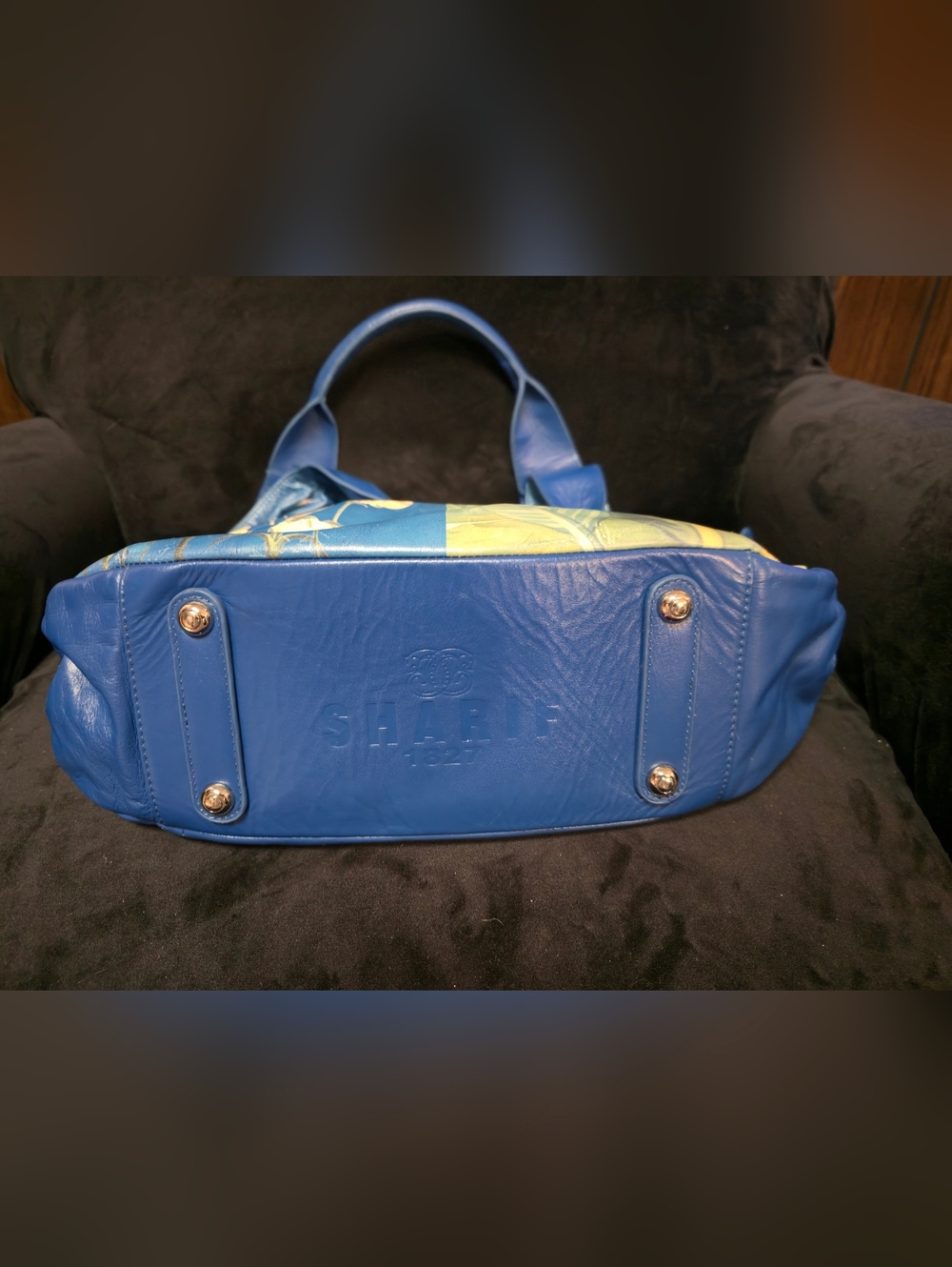 Sharif Blue Leather Shoulder Bag with Yellow Floral Bird-of-Paradise Accent - Picture 7 of 9